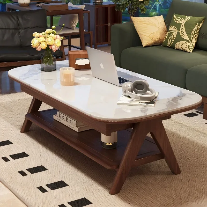Solid Wood Rock Slab Coffee Table Retro Style Two Tier Storage Small Apartment Living Multifunctional Tea Table Furniture