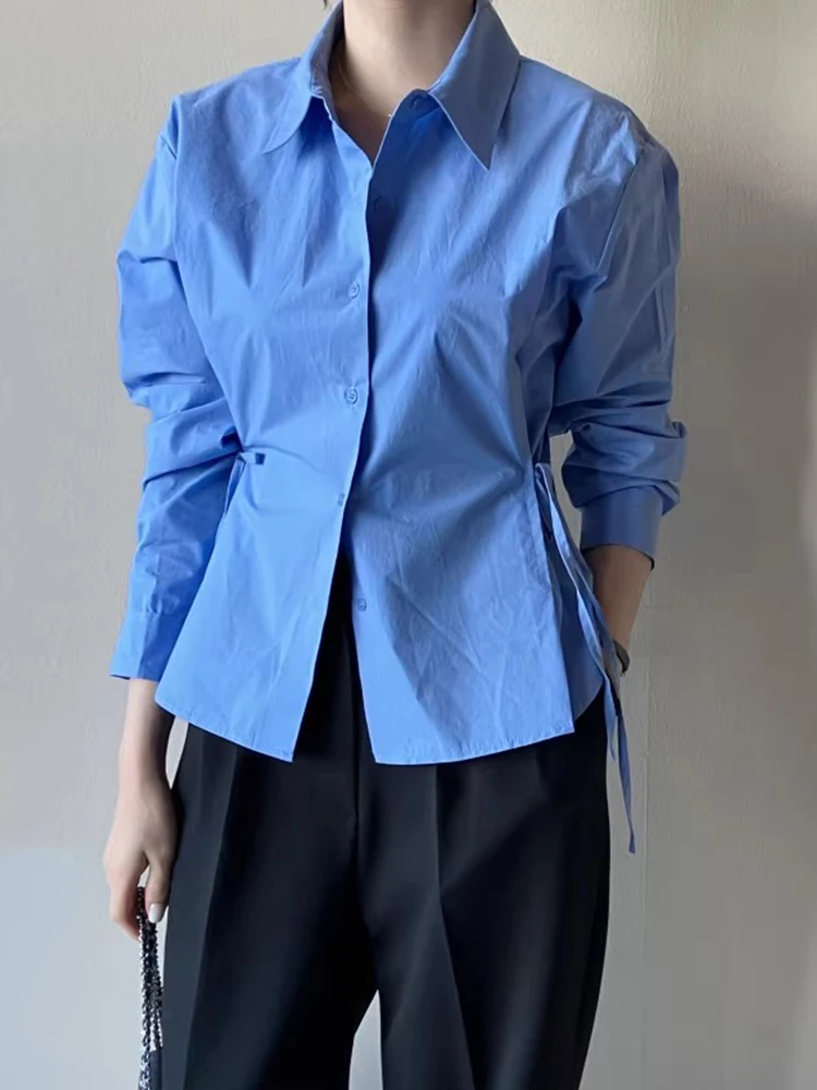 Slim Fit Long Sve irt Women's Chic Autumn Vintage Versatile Turn-down Collar Single Button Design Waist-cinching Slimming