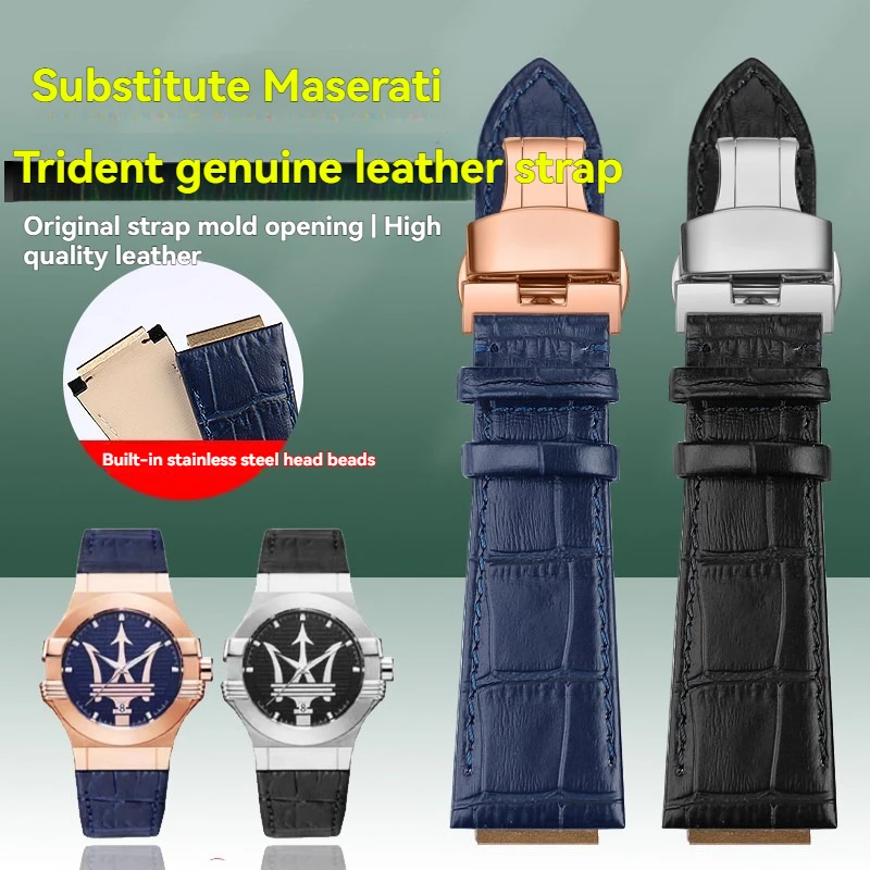 For Maserati Trident-branded genuine leather watch strap R8821108025—Unisex buckle strap, water-resistant and sweat-resistant