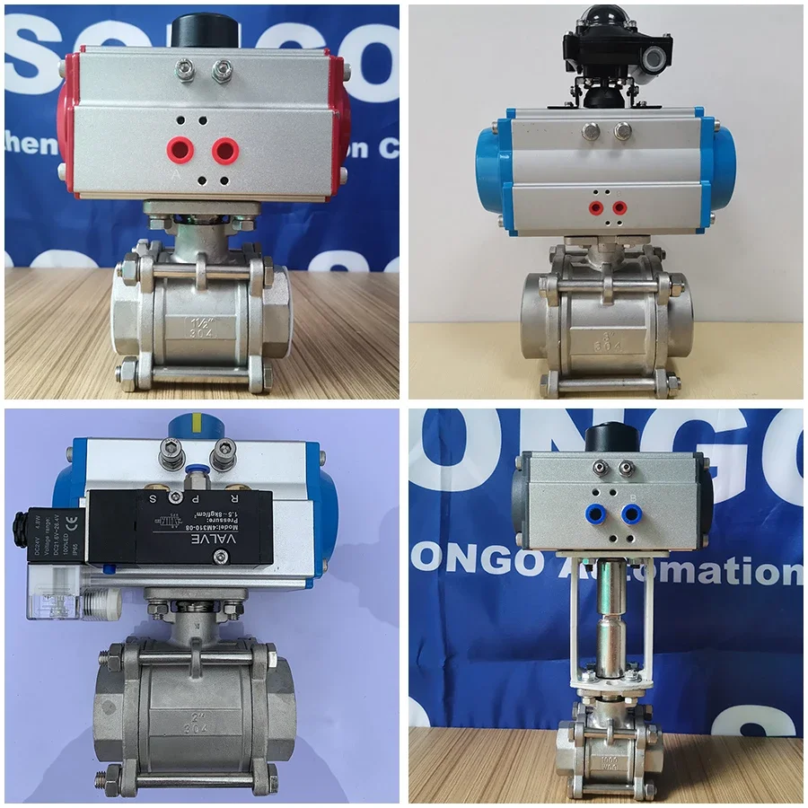 

z For SONGO 2 Way 12V 24V DN50 2inch 3 Piece 304 Stainless Steel Pneumatic Water Flow Control Pneumatic Ball Valve