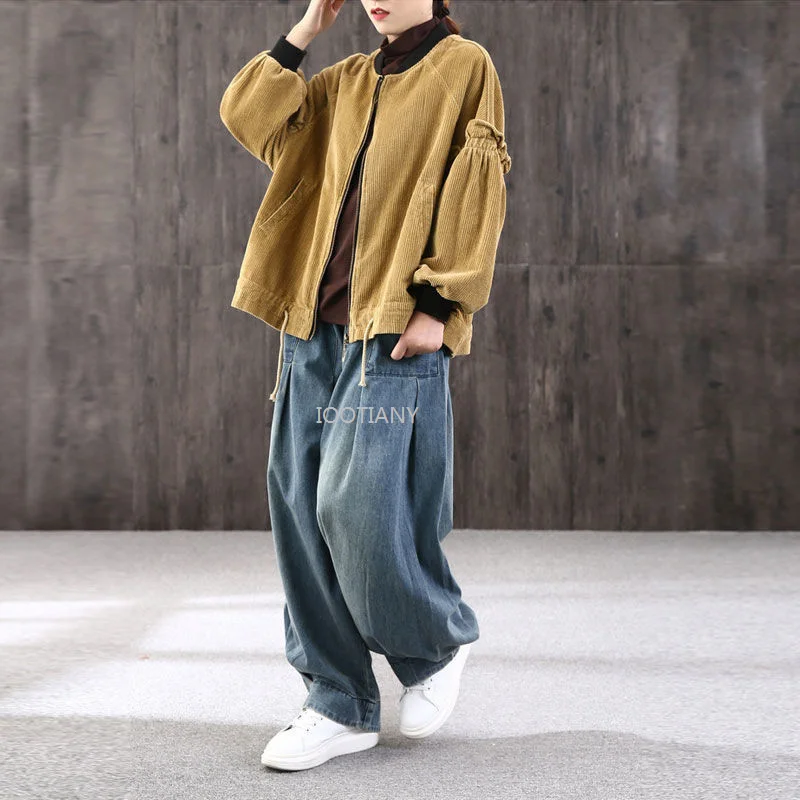 New Spring And Autumn Fashion Street Style Loose Harem Jeans Relaxed Elastic Waist Pocket Bloomers Solid Enlarged Radish Pants