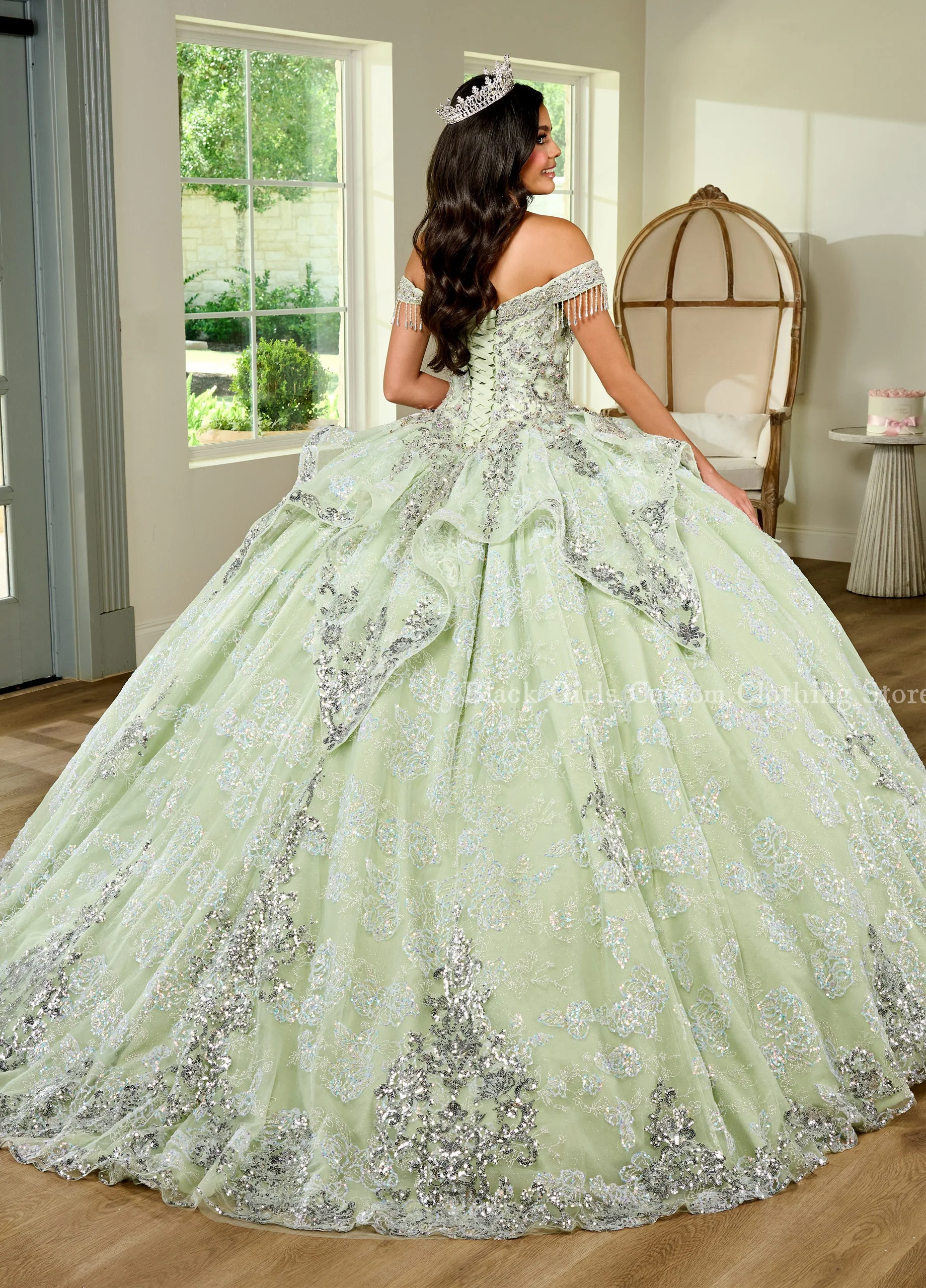 Exquisite Light Green Ball Gowns 15 Dress Elegant One Shoulder Inlaid Beaded Applique Tulle A Word Princess Tutu vestidos