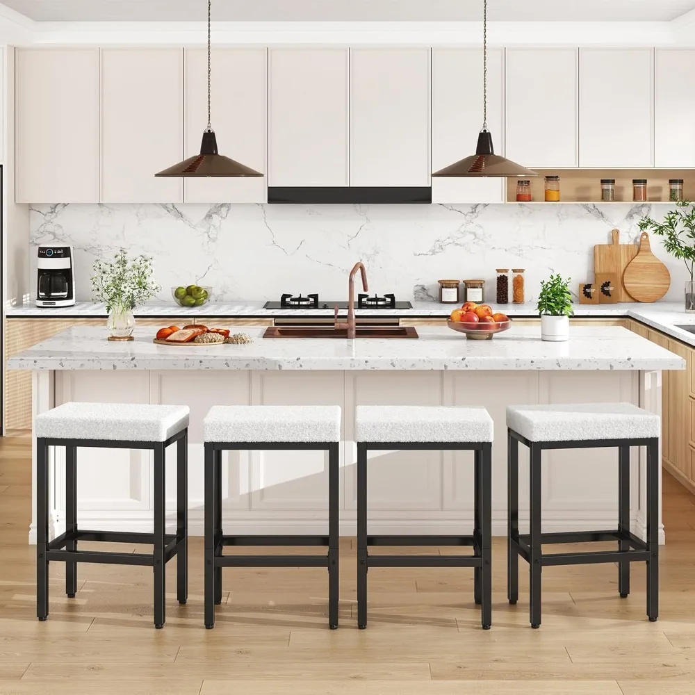 

26 Inch Counter Height Bar Stools Set of 4, White Modern Kitchen Barstools with Metal Leg, Bar Stool Chairs for Kitchen