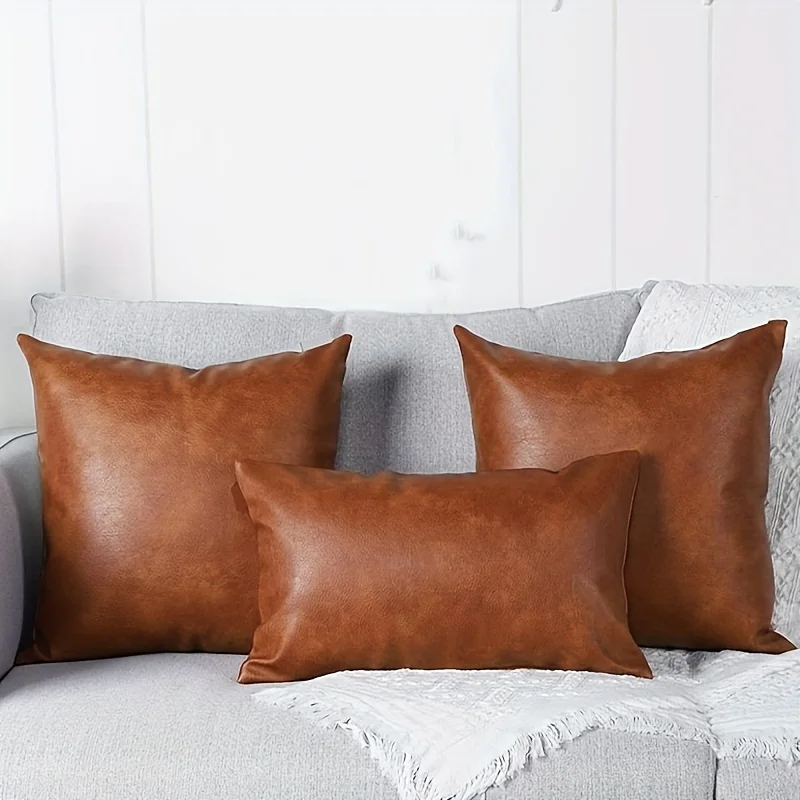 1pc Faux Leather Throw Pillow Covers，Solid color vintage luxury leather pillowcases，7 Size to choose