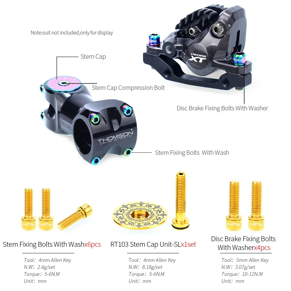 Risk MTB Bicycle Screws,Titanium Alloy,Disc Brake Rotor Fixing Bolts,Derailleur Wire Fixed Screw,Jockey Wheel Bolt,Valve Cap