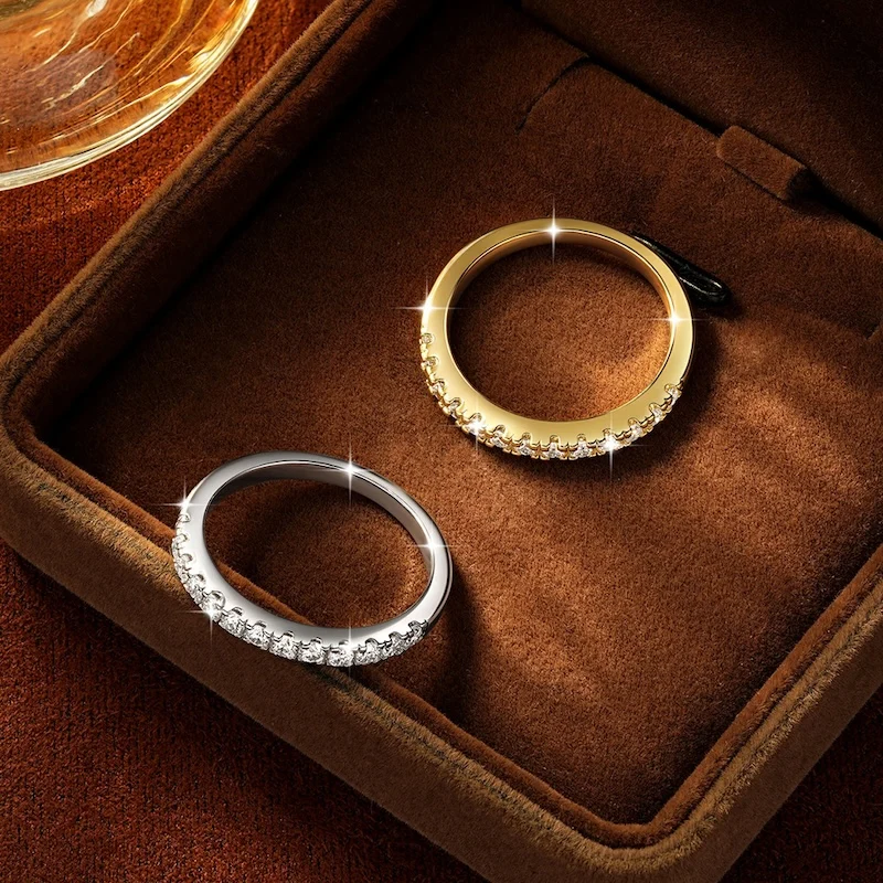 Rrjzz Certified 2mm D Color Full Moissanite Stackable Half Eternity Band Ring for Women Classic Imitation Diamond Rings Jewelry