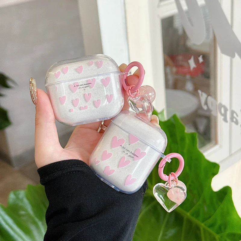 Glitter Transparent Love Case with Keychain for Apple AirPods 2 Gen 3 Generation Cover for AirPods Pro 1st 2nd for Air Pods Pro