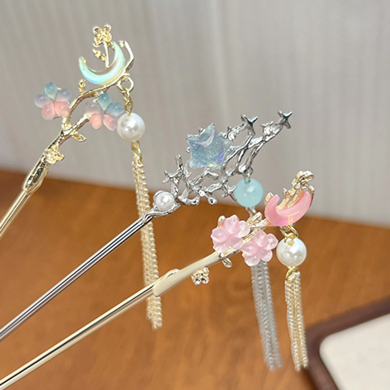 태슬 헤어핀 여성용 크리스탈 헤어 클립 꽃 모양 디자인 스텝 쉐이크 한푸 헤어 스틱 태슬 헤드웨어 헤어핀 장신구
