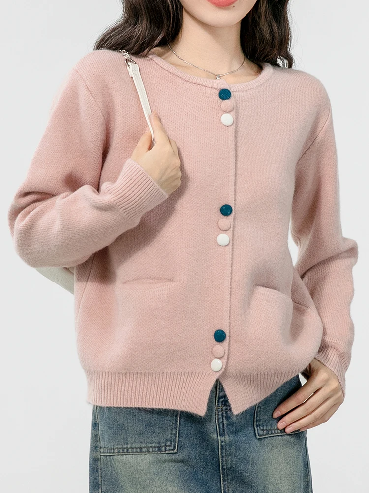 Women's Crew Neck Button Down Long Sleeve Cardigan Sweater Slim Pink Cardigans Tops Autumn Winter Outwear Korean Fashion Sweater