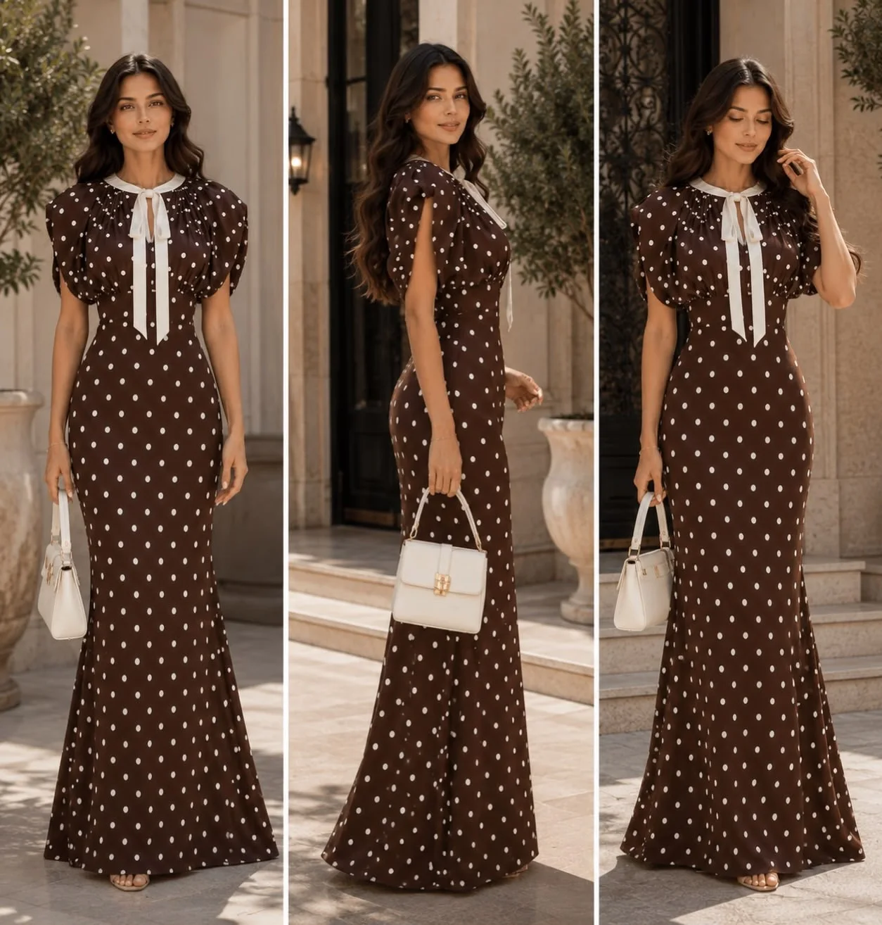 Elegant Evening Dresses 2026 Dark Brown Dot Print Short Puff Sleeves Contrast White Collar Tie Neck Trumpet Maxi Party Dresses