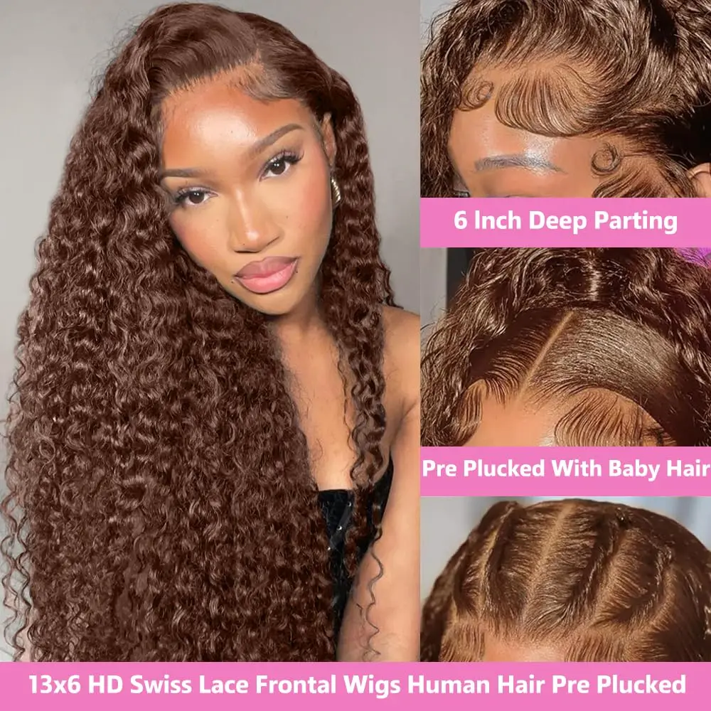 Chocolate Brown Deep Wave 13x6 HD Lace Front Human Hair Wigs Colored Lace Frontal Wig For Women Curly Wigs Glueless Water Wave