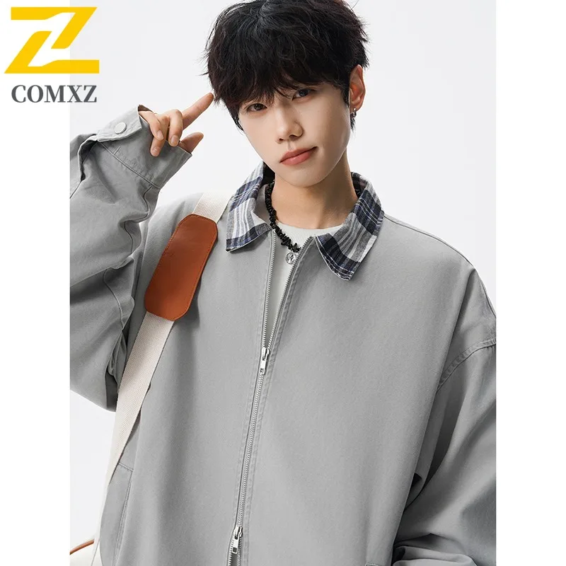 

COMXZ 2025, новая весенне-осенняя модная куртка, повседневное пальто, молодежная свободная винтажная потертая куртка унисекс с отложным воротником, топ