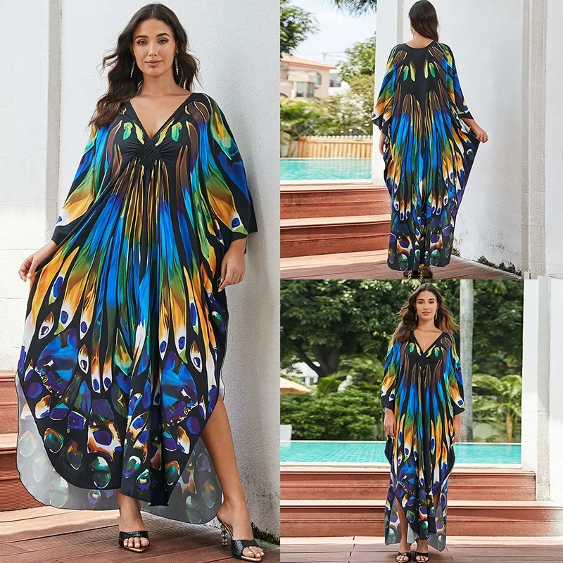 Women Long Dress Mesh Print Loose One Size Maxi Dress Sun Protection Beachwear Resort Wear Oversized Fit Chic Minimalist New