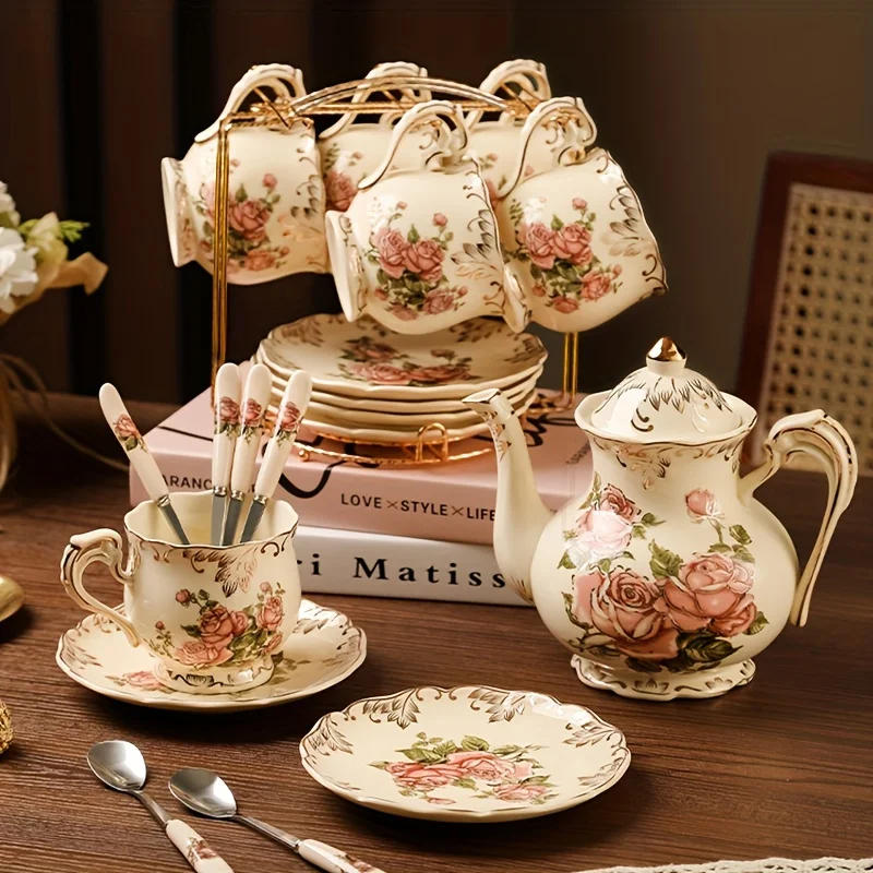 Flowering Shrubs Tea Cups and Saucers Set, Tea Set, Ivory Ceramic Floral Tea Cups Set with Golden Rack, Coffee Cups Set