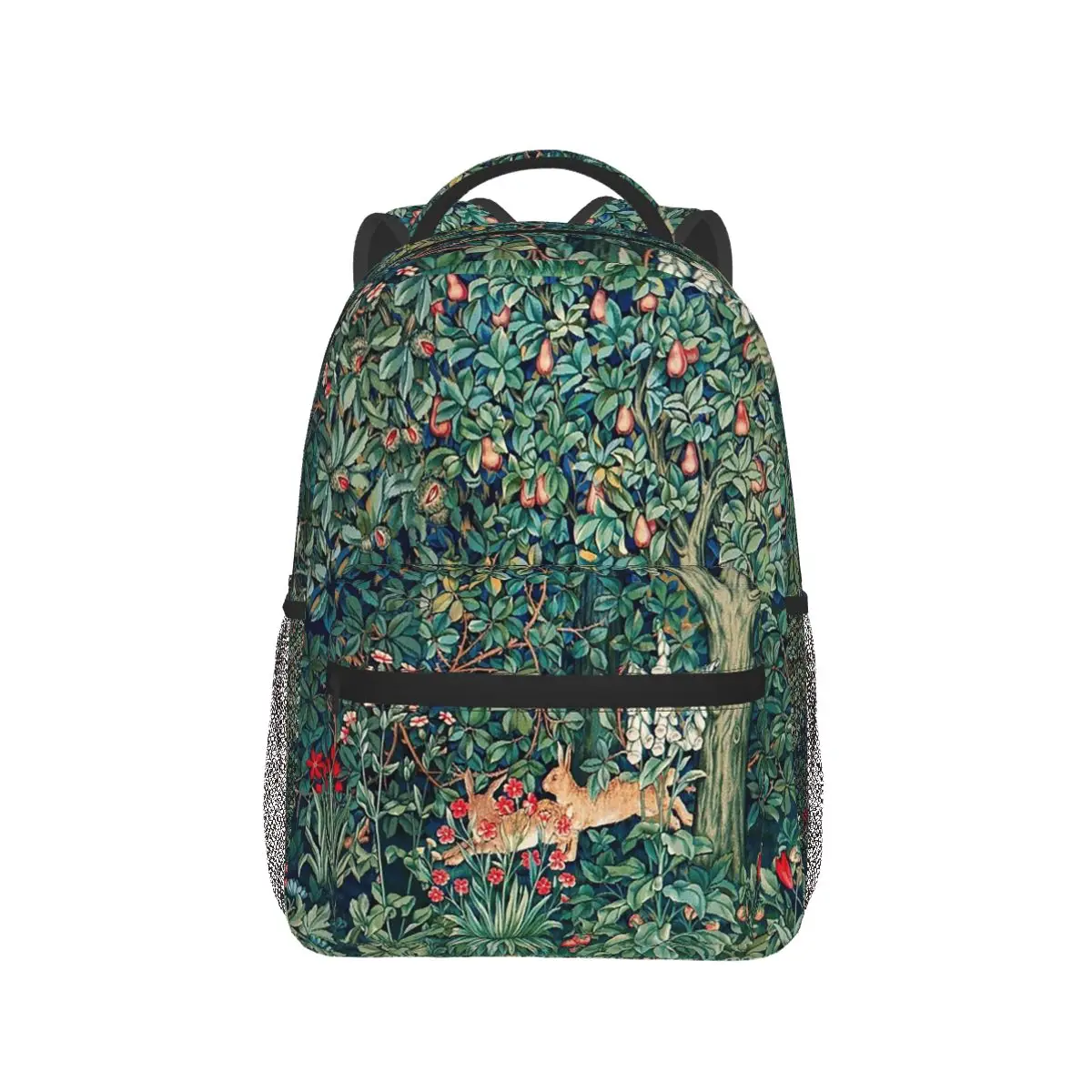 GREENERY, FOREST ANIMALS Hares Blue Green Red Floral Tapestry Backpacks Boys Girls Bookbag School Bags Kid Rucksack Shoulder Bag