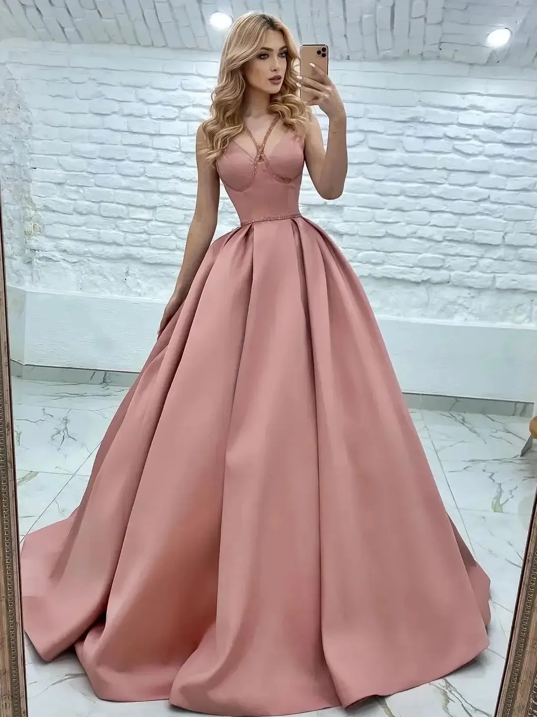 

Pink Satin A Line Halter Evening Dress Sexy Strapless Backless and floor length Graduation Formal Porm Party Dress