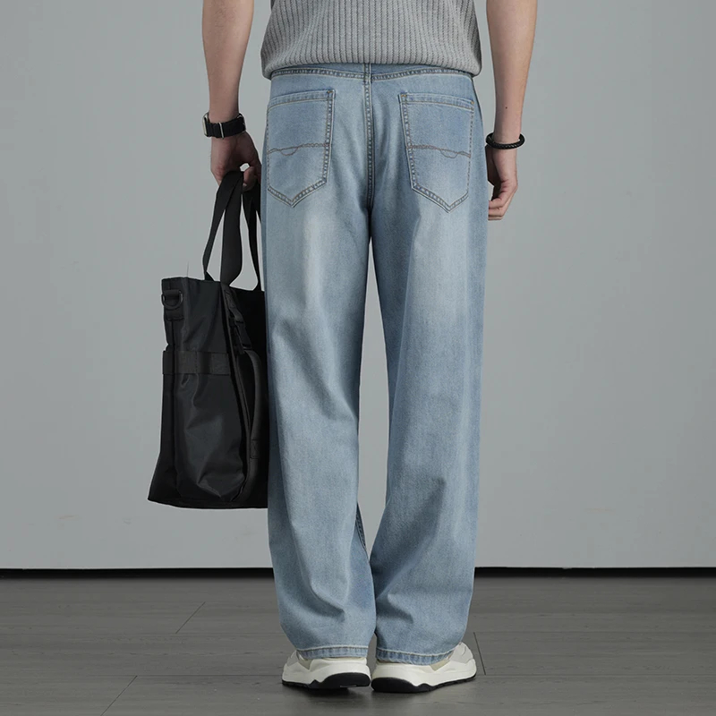 

Spring Summer Thin Jeans Men's High Waist Loose Straight Lyocell Cotton Elastic Denim Pants Fashion Business Casual Trousers