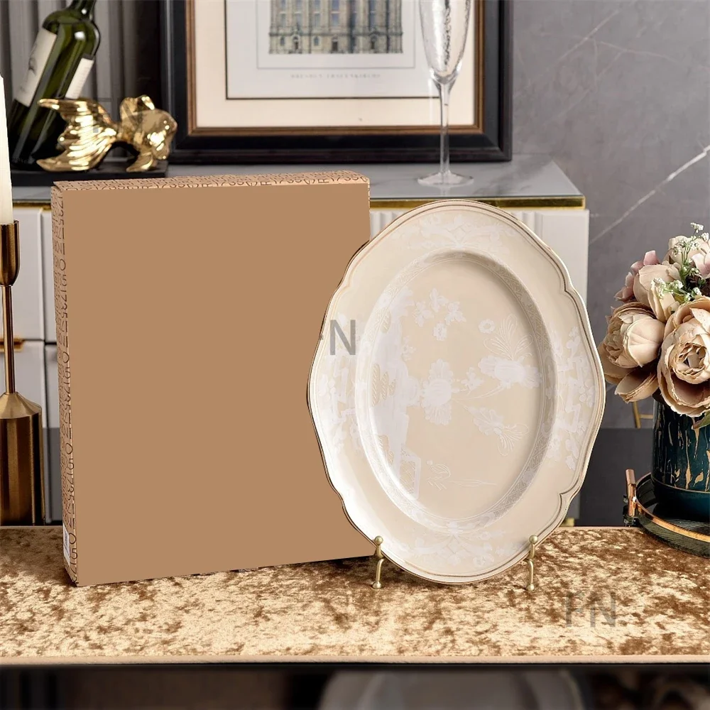 Italian Ceramic Fish Plate Elliptical Printed Kitchen Accessories Lace Plate Tableware Gift Box Blue Beige Coffee Color