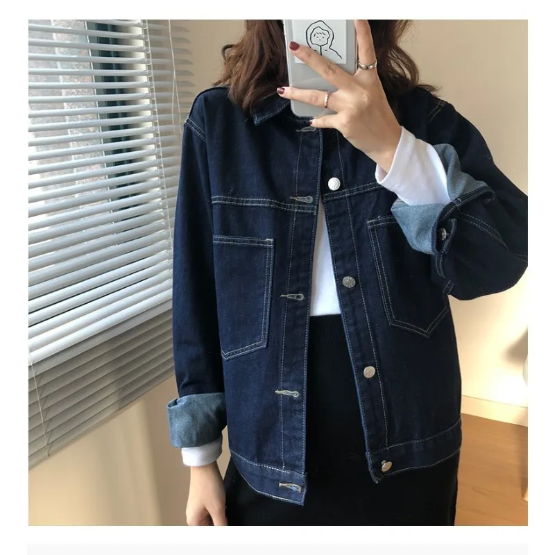 Slim Women Cowboy Coats Jackets Spring Elegant Retro Bright Line Design BF Deep Blue Loose Short Jacket Top Women's Clothing