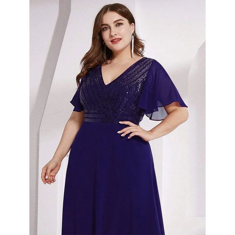 Vestido largo hasta el suelo de gasa con lentejuelas a rayas Burdeos de talla grande, elegante vestido de noche de verano con cuello en V, 4xl, 5xl