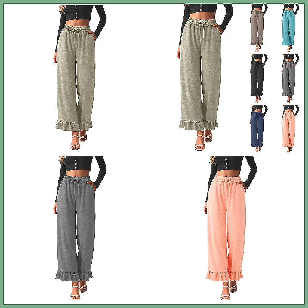 

Women's High Waisted Palazzo Pants with Pockets - Cotton Ruffle Hem Wide Leg Lounge Pants