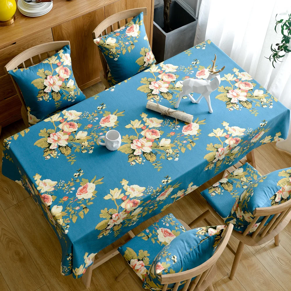 Pastoral Style Peony Rose Print Household Restaurant Rectangular Tablecloth Desk Cloth Pure Cotton Washed Fabric Tablecloth