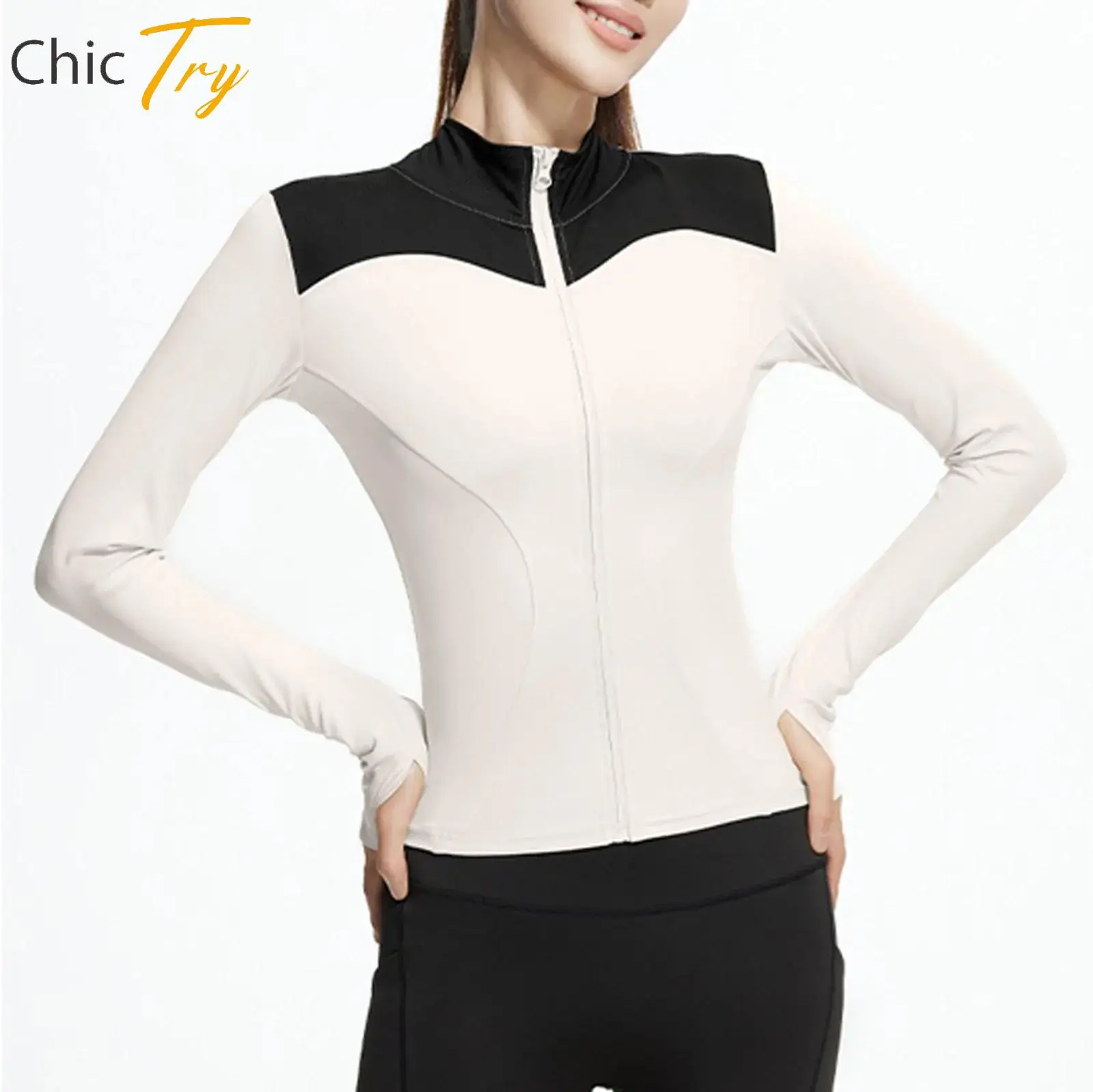 

Womens Cycling Tops Contrast Color Jacket Long Sleeves Finger Holes Zipper Sweatshirt Yoga Workout Gym Fitness Tops Sportswear