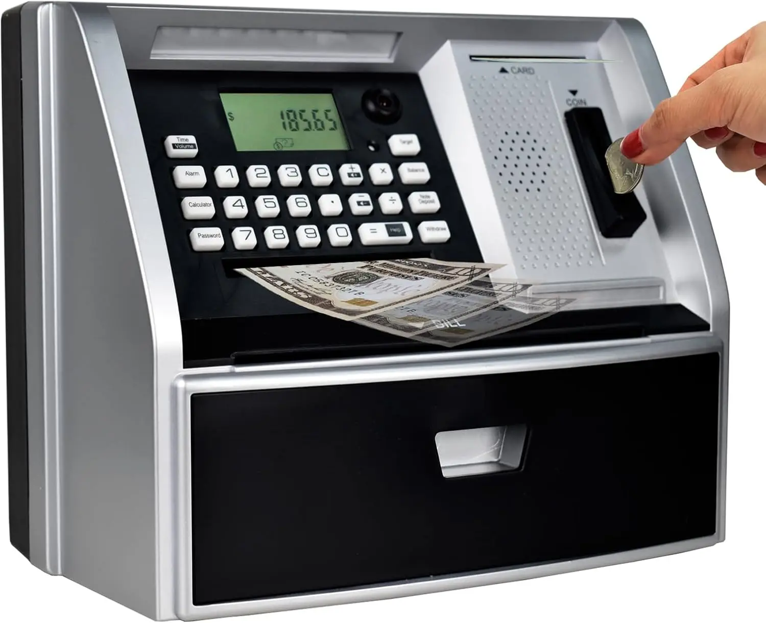 

Electronic Piggy Bank for Kids, Coin Counter, Password & Card, Mini ATM Savings Toy for Boys Girls, Black/Silver