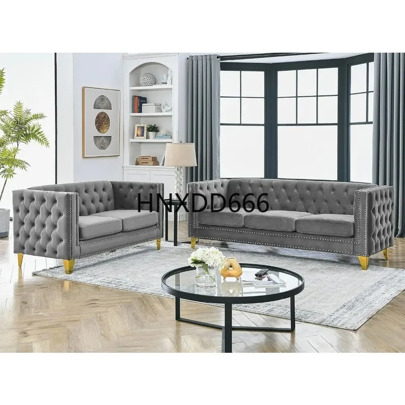 Velvet Sofa Set of 2, Tufted Back Couch with Rivet Accent, Solid Metal Tapered Legs, Stylish Living Room Sofas