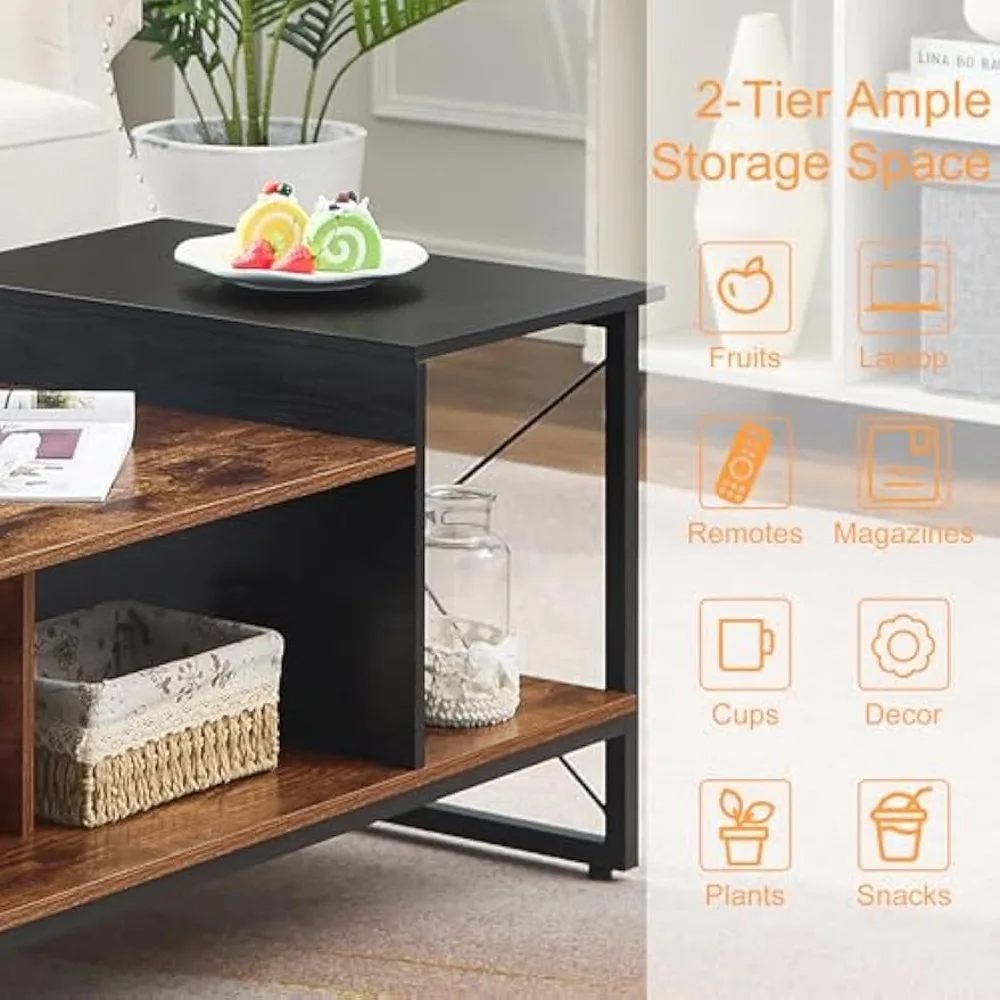 Mesa de centro preta de 2 camadas de madeira vecelo com prateleira de armazenamento para recepção de sala/escritório, estrutura de metal e tampo de madeira, moderna