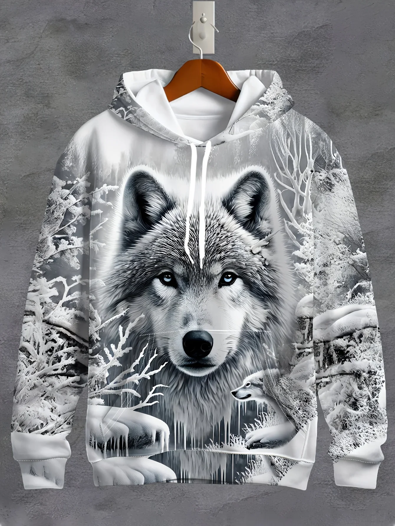 Men 3D All Over Print Winter Snow Forest Wolf Hoodie Wild Grey Wolf Scenery Loose Pullover Hooded Sweatshirt