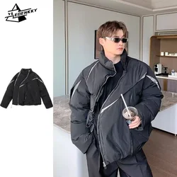 American Oversize Parka Men Women Color-block Pressed Pleated Padded Jacket High Street Loose Warm Zip-up Coat Winter Casual Top