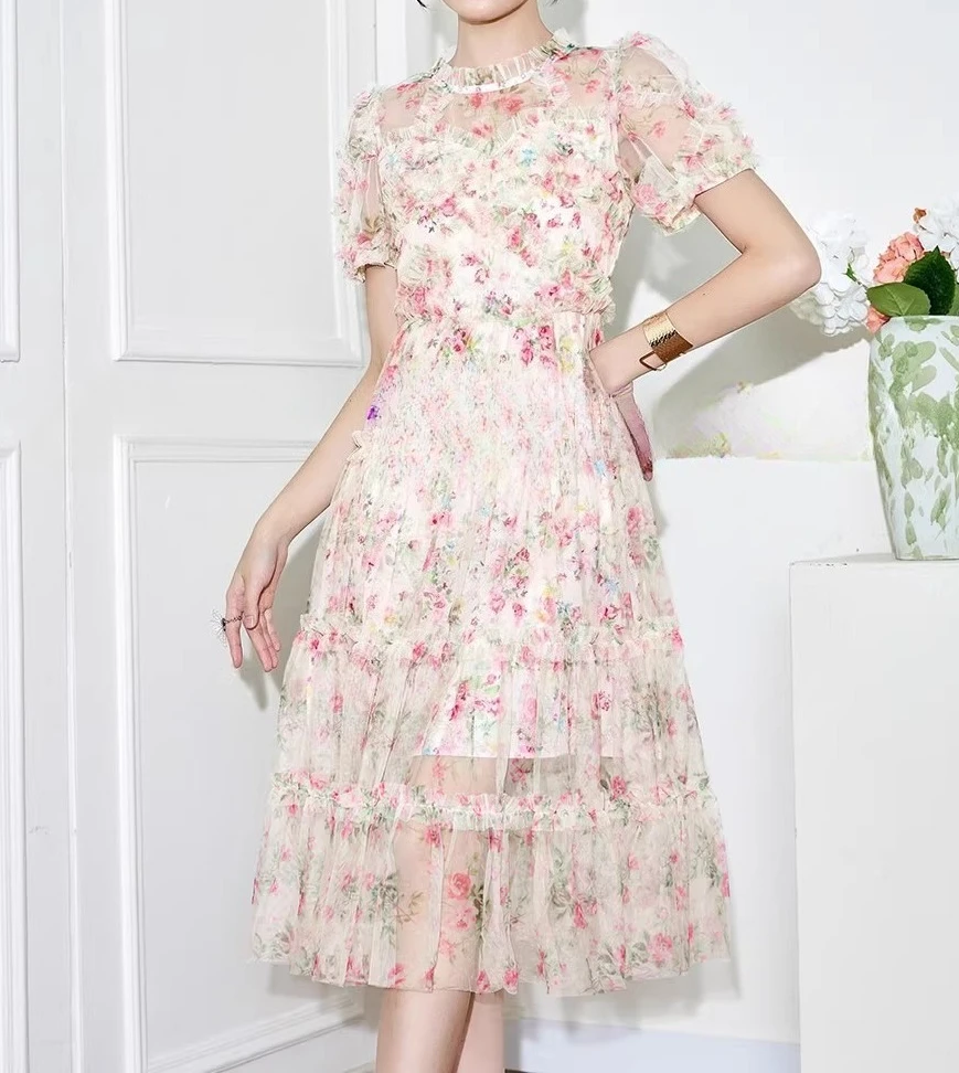 Vestido de malla rosa para mujer, Vestidos de fiesta elegantes de manga corta con cuentas de diamantes, ceñido al cuerpo, de cintura alta, de tela Vintage