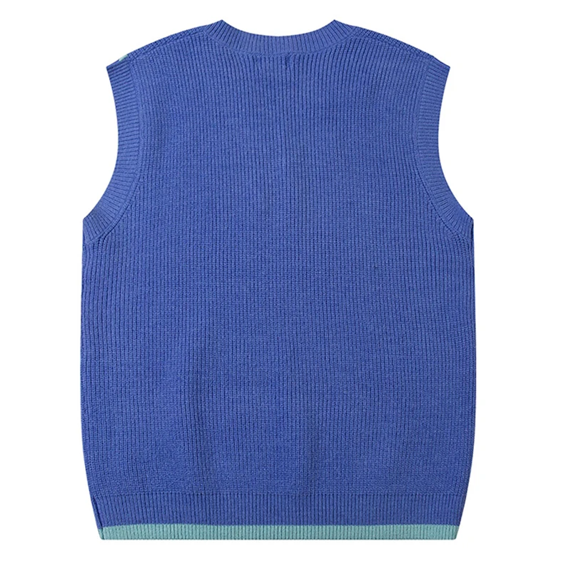 Mens Sleeveless V-neck Vest Sweater Harajuku Vintage Color Matching Embroidery College Knit Pullover Women Casual Loose Jumpers