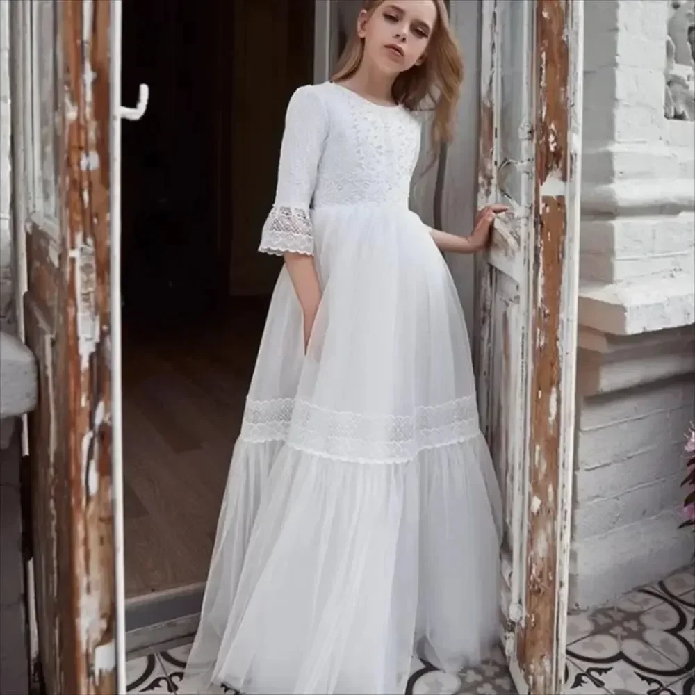 Até o chão festa de aniversário primeira comunhão vestidos personalizados branco flor menina vestidos pageant vestido para casamento frisado babados