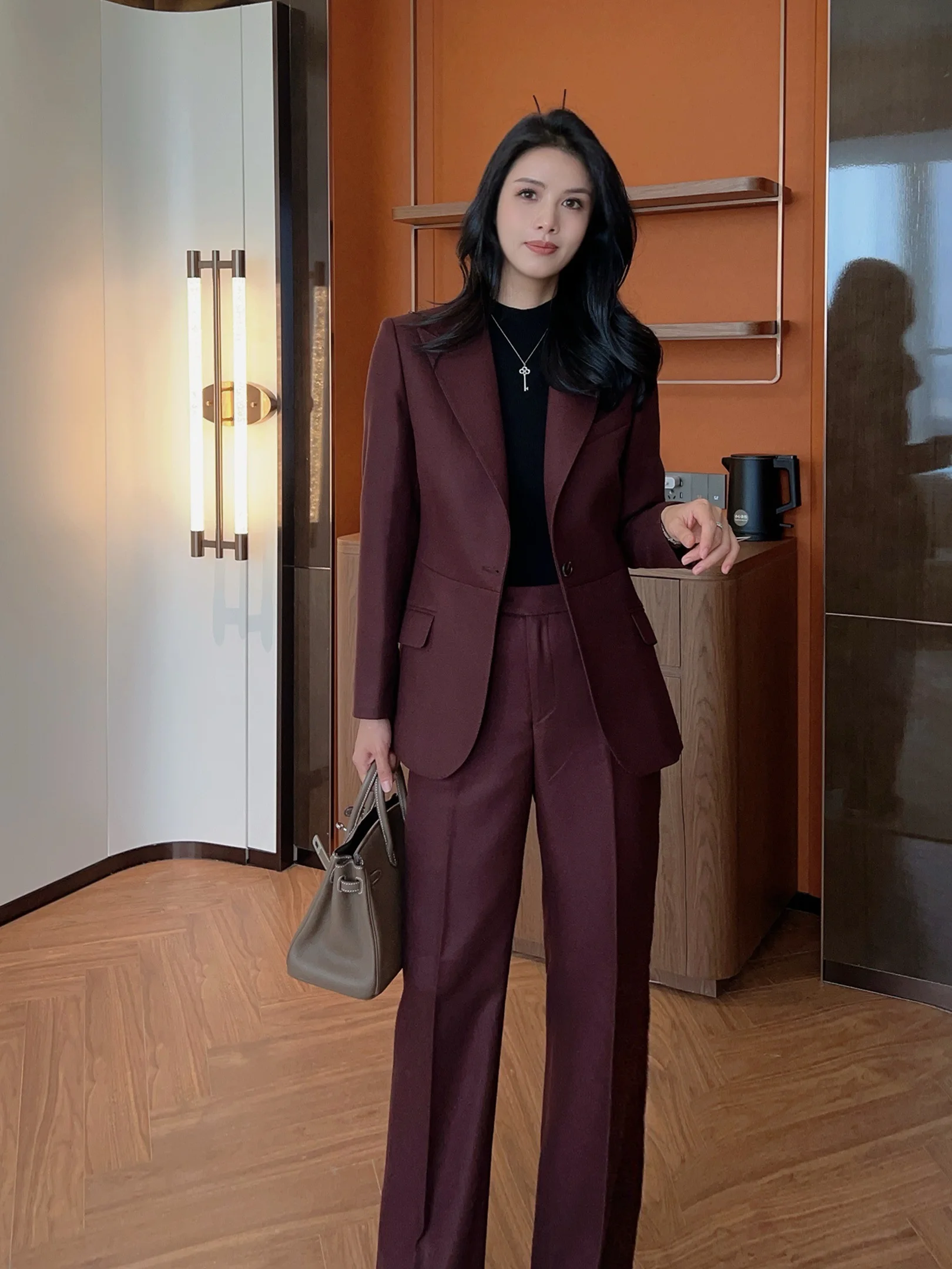 

Autumn Winter New Sle Slim Fit Tailored Pants Suit Profional Faionable Women's Set Orange Red Polyester Fiber Office Wear