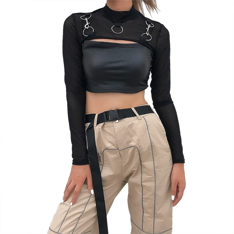 y2k Gothic Crop Top Clothing Women See Through High Neck Long Sleeve Mesh T Shirt Cyberpunk Clothes 2000s Streetwear