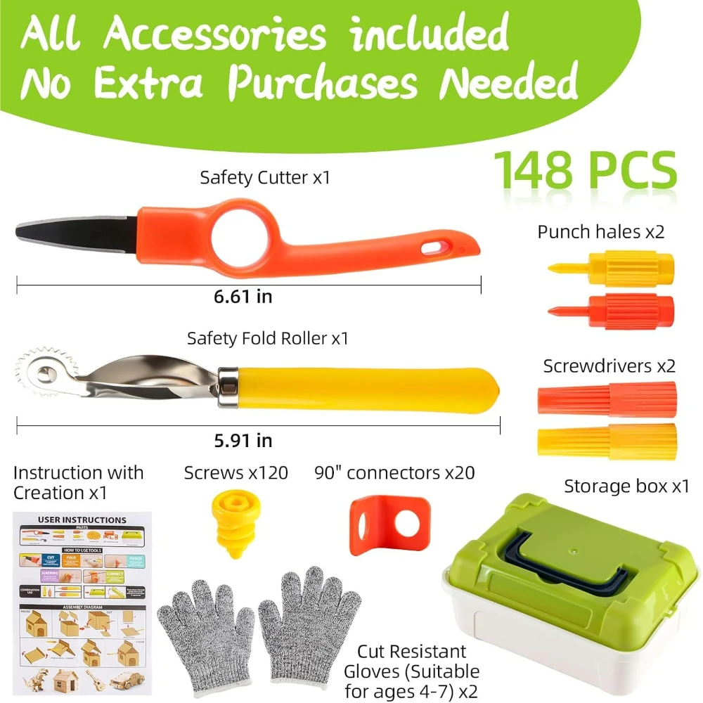 148Pcs Safe Kids Cardboard Building Kit, storage box & kid-safe cutting tools, educational craft toy for boys & girls aged 4+