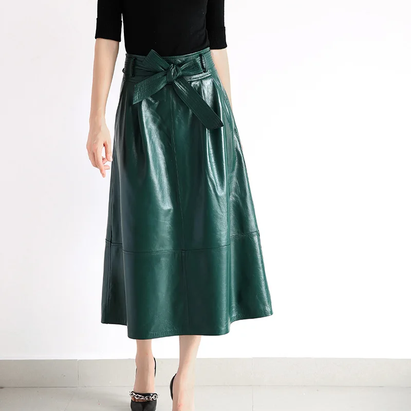 

2023 Autumn and Winter High Waist Large Swing Bow Belt Long Umbrella Skirt Pure Leather Sheepskin Half Skirt Recommended by Stor