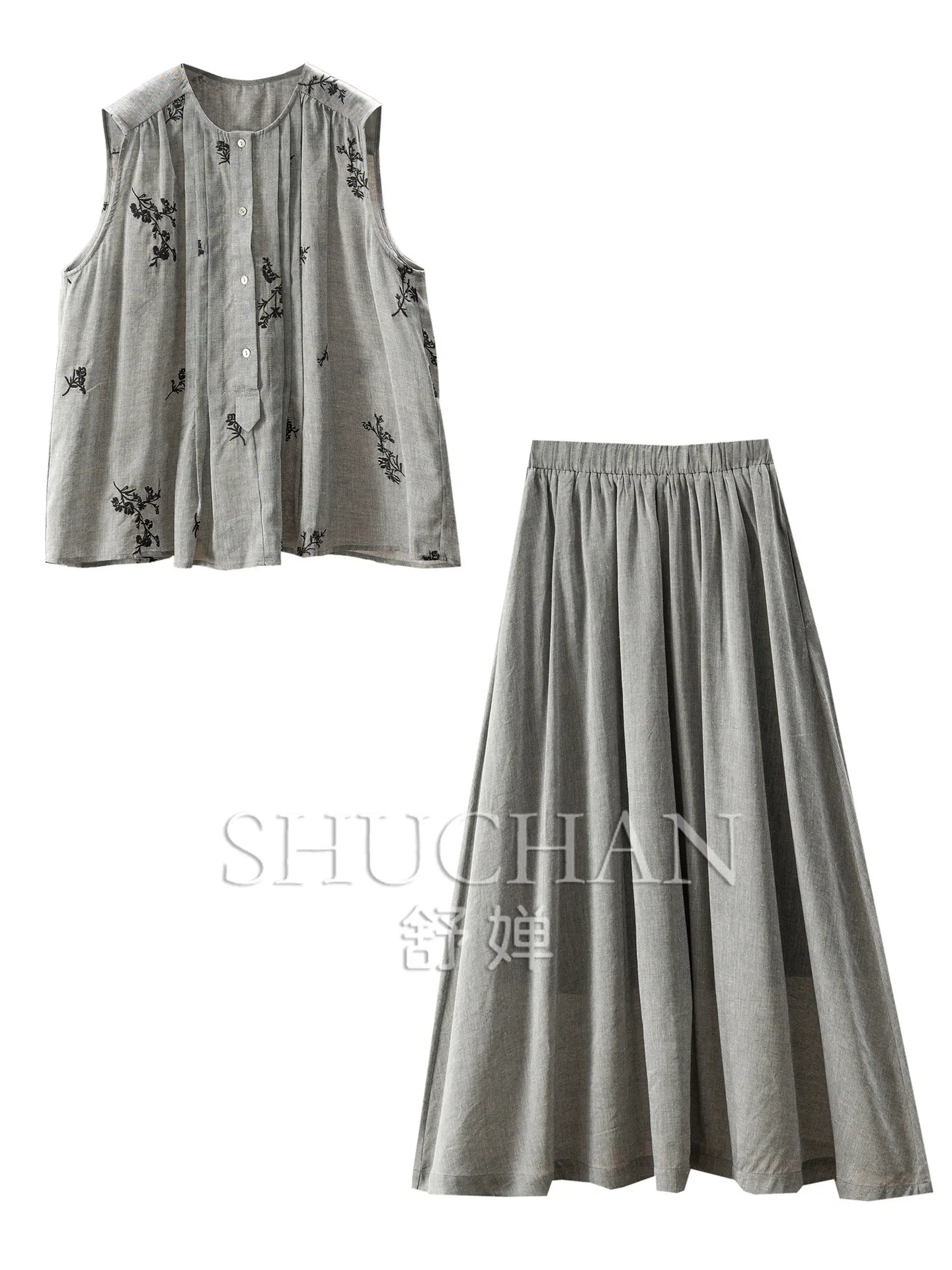 Embroidered Tencel Ramie Sleeveless Shirt + Skirt Set Women's 50G2 Conjuntos Mujer Dos Piezas De Vestir