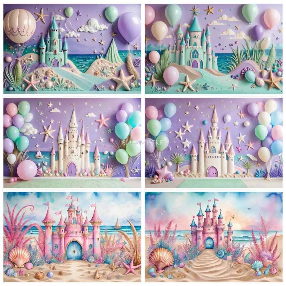 

Mermaid Girls Birthday Party Backdrop Photography Summer Beach Sand Castle Princess Background Children's Shooting Props