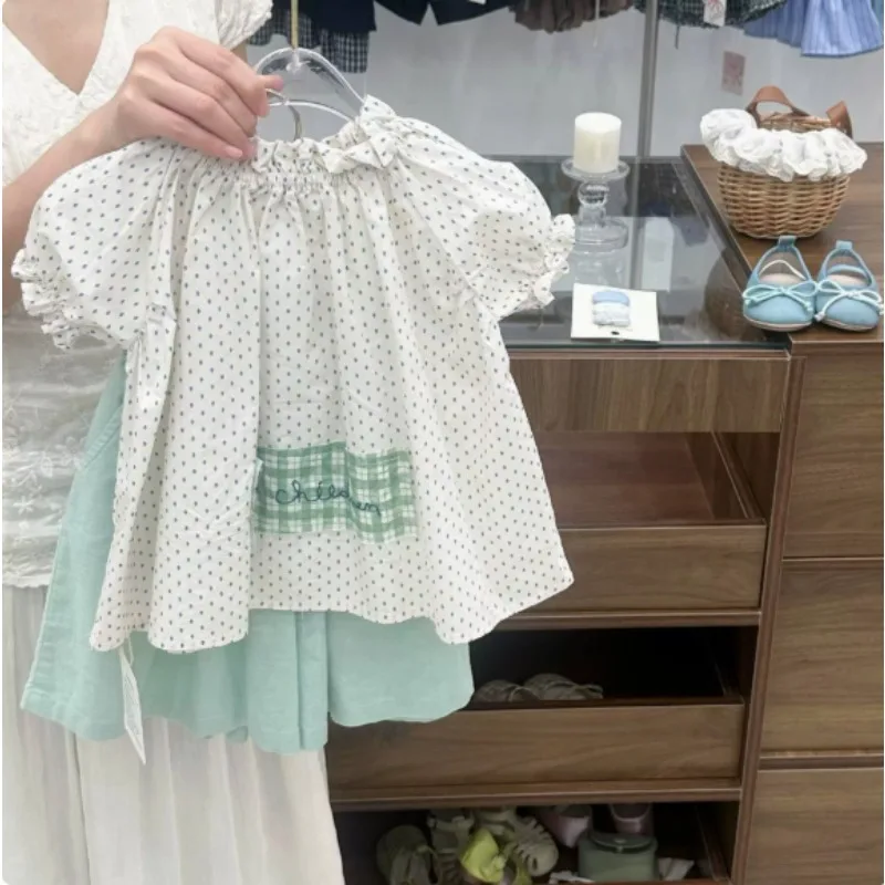 

Summer New Korean Style Toddlers Girls Polka Dots Shirts Puff Sleeve Loose Tops Baby Kid Casual Applique Blouses