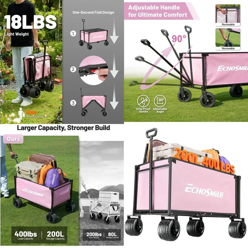 

Универсальная тележка для кемпинга, пляжа и других целей - сверхпрочная, грузоподъемность 180 кг, с широкими колесами, портативная складная конструкция, розовая