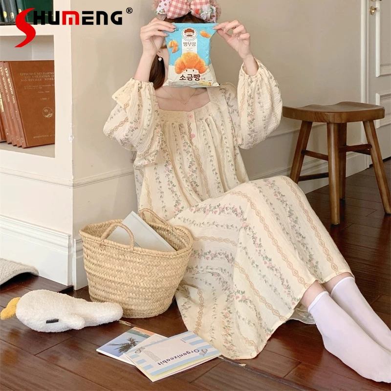 

French Floral Cotton Nightdress for Women Autumn Spring Sweet Palace Style Sleepshirts Lady Lace Square Neck Gauze Nightgown