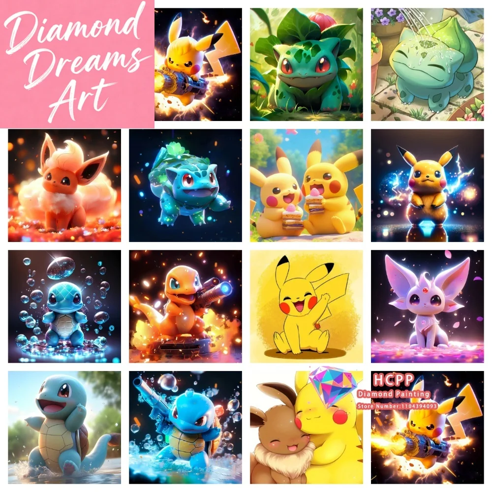Pokémon Pikachu Eevee Quadratisches Rundes Diamant-Malset 5D DIY Kreuzstich Handgemachtes Kunstgeschenk Handwerk Heimdekoration Festtagsgeschenk