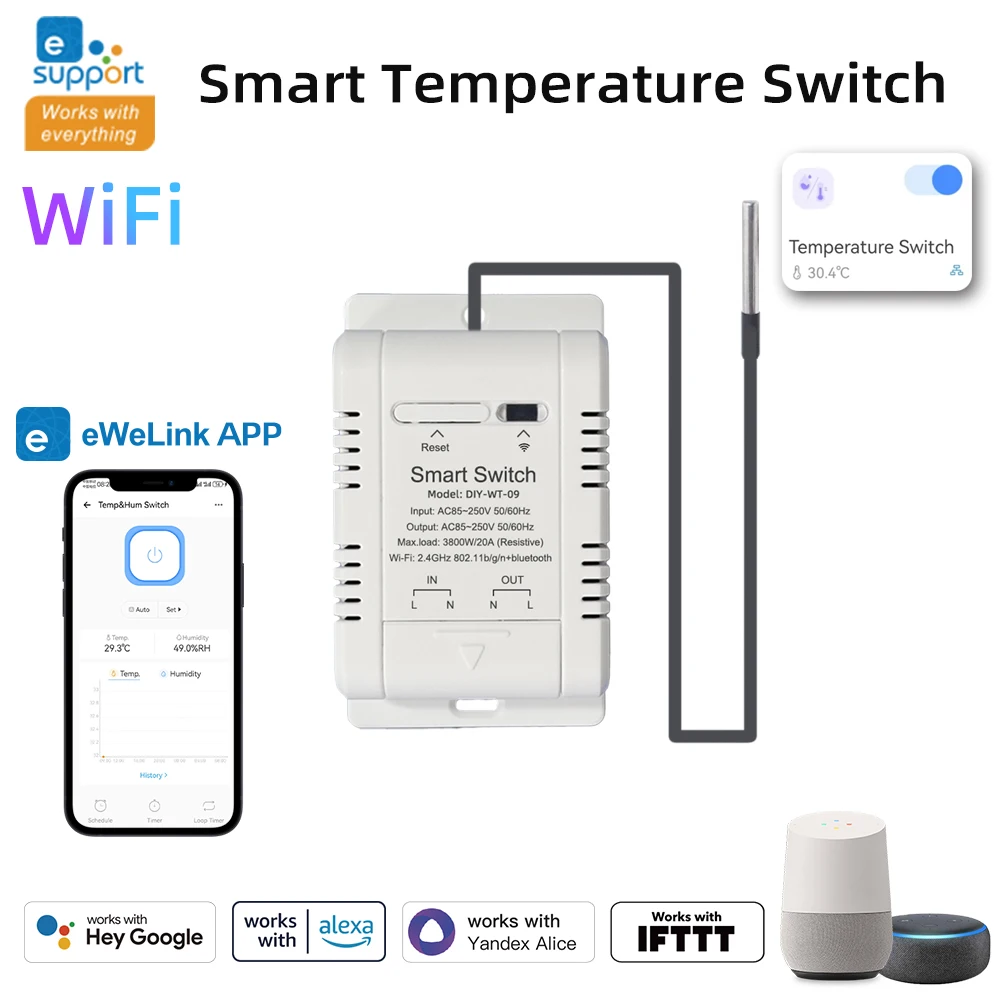 Ewelink WiFi Temperature and Humidity Sensor Security Home Automation Indoor Monitoring Thermometer Works with Alexa Google