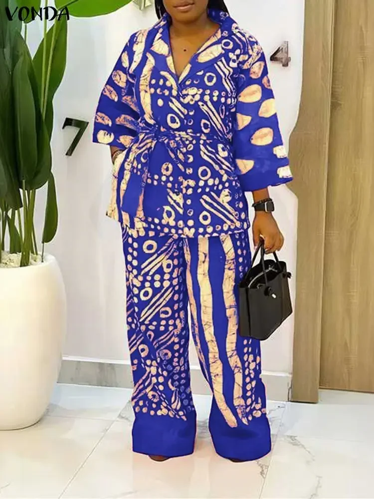 

Plus Size Outfits 2025 VONDA Women Sets Vintage 3/4 Sleeve Tops Long Trousers Lace-Up Printed Suits Casual Matching Sets