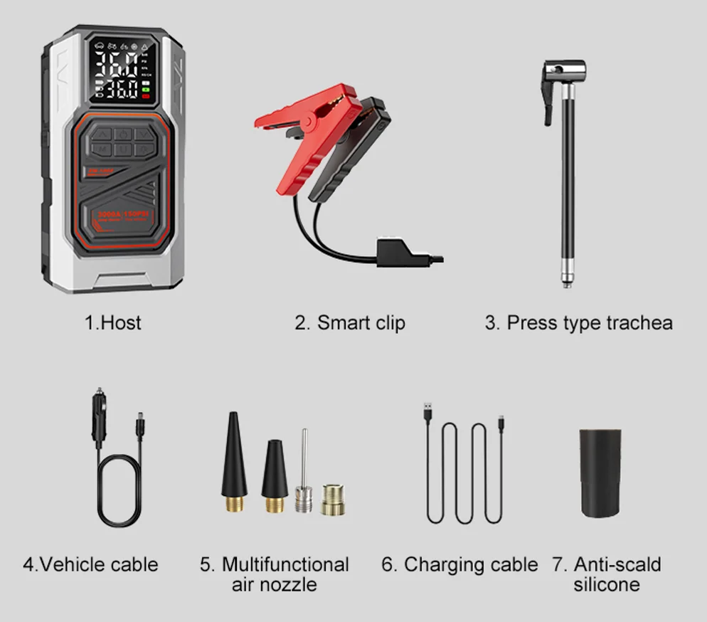 4-in-1-Auto-Starthilfe mit Luftkompressor, 4000 A Spitzenleistung, Autobatterie-Booster, 150 PSI-Luftpumpe, tragbarer Powerbank, Reifenfüller – Detail 7