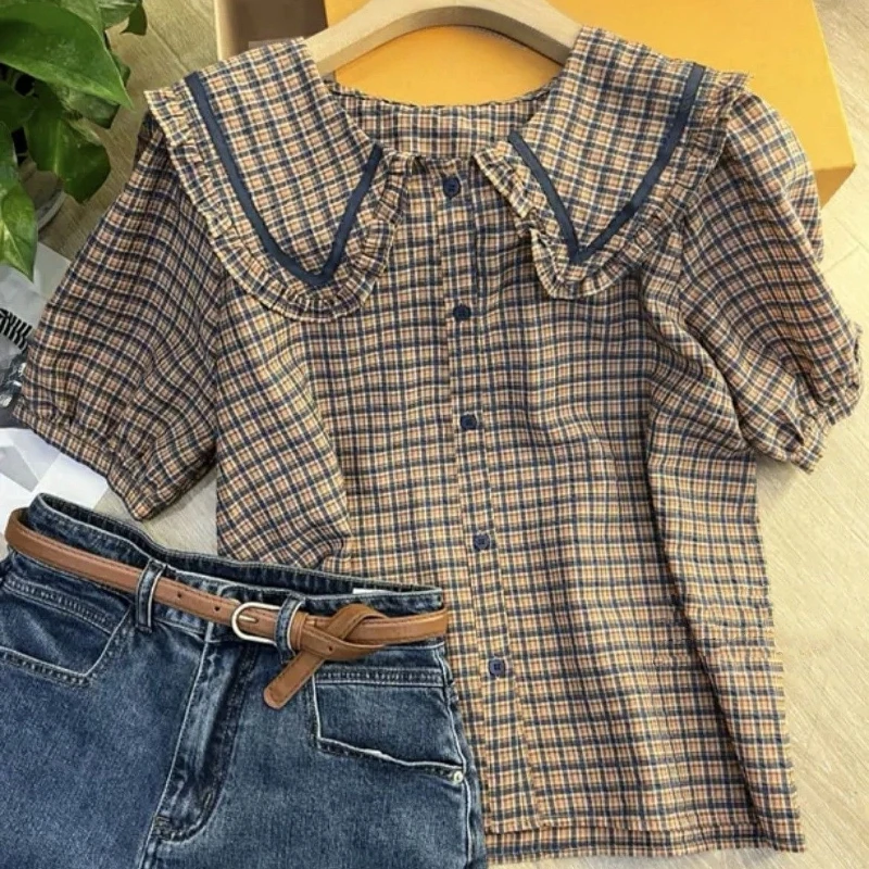 

Women's Designer Style Niche Chic Peter Pan Collar Plaid Shirt 2026 Summer New Arrival Versatile Top