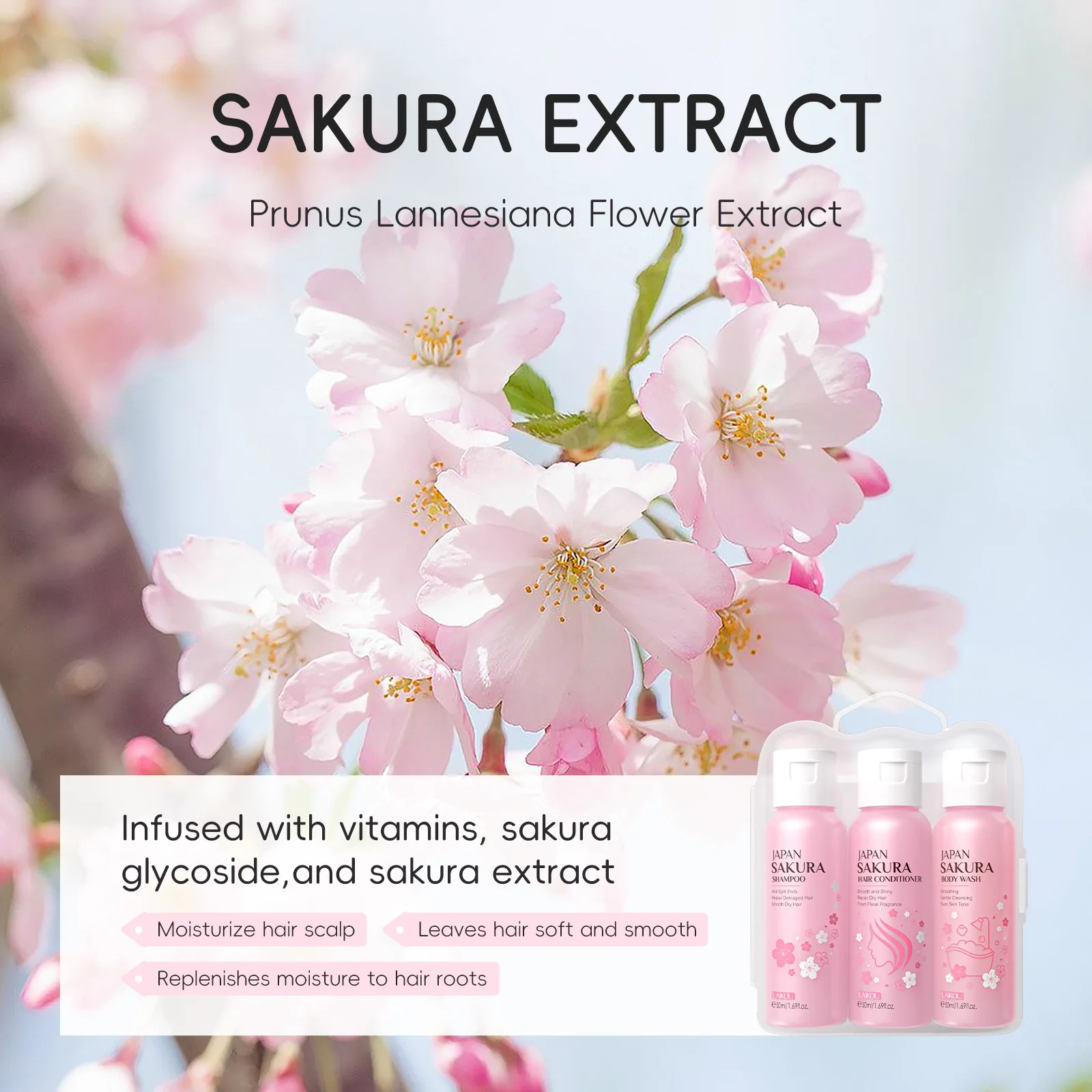 LAIKOU 3-Piece Sakura Bath & Hair Care Set - Hydrating Moisturizing Cleaning - Japanese Beauty Essentials